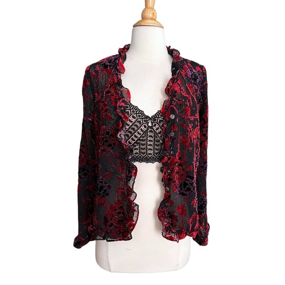 COLDWATER CREEK Sheer Velvet Burnout Ruffle Trim Floral Blouse Whimsigoth Small - Picture 3 of 14